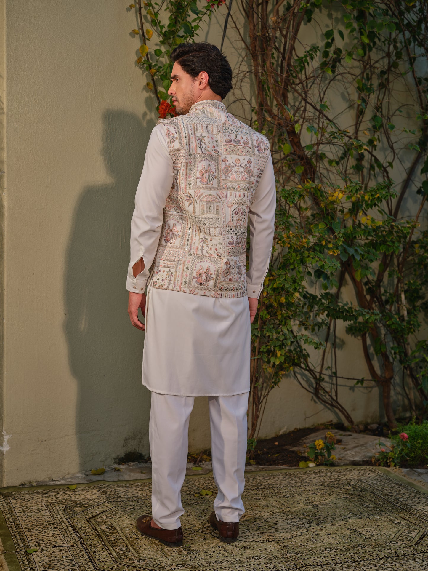 White Georgette Jacket-Kurta-Bottom Set with Multicolour Thread Work & Cording Embroidery
