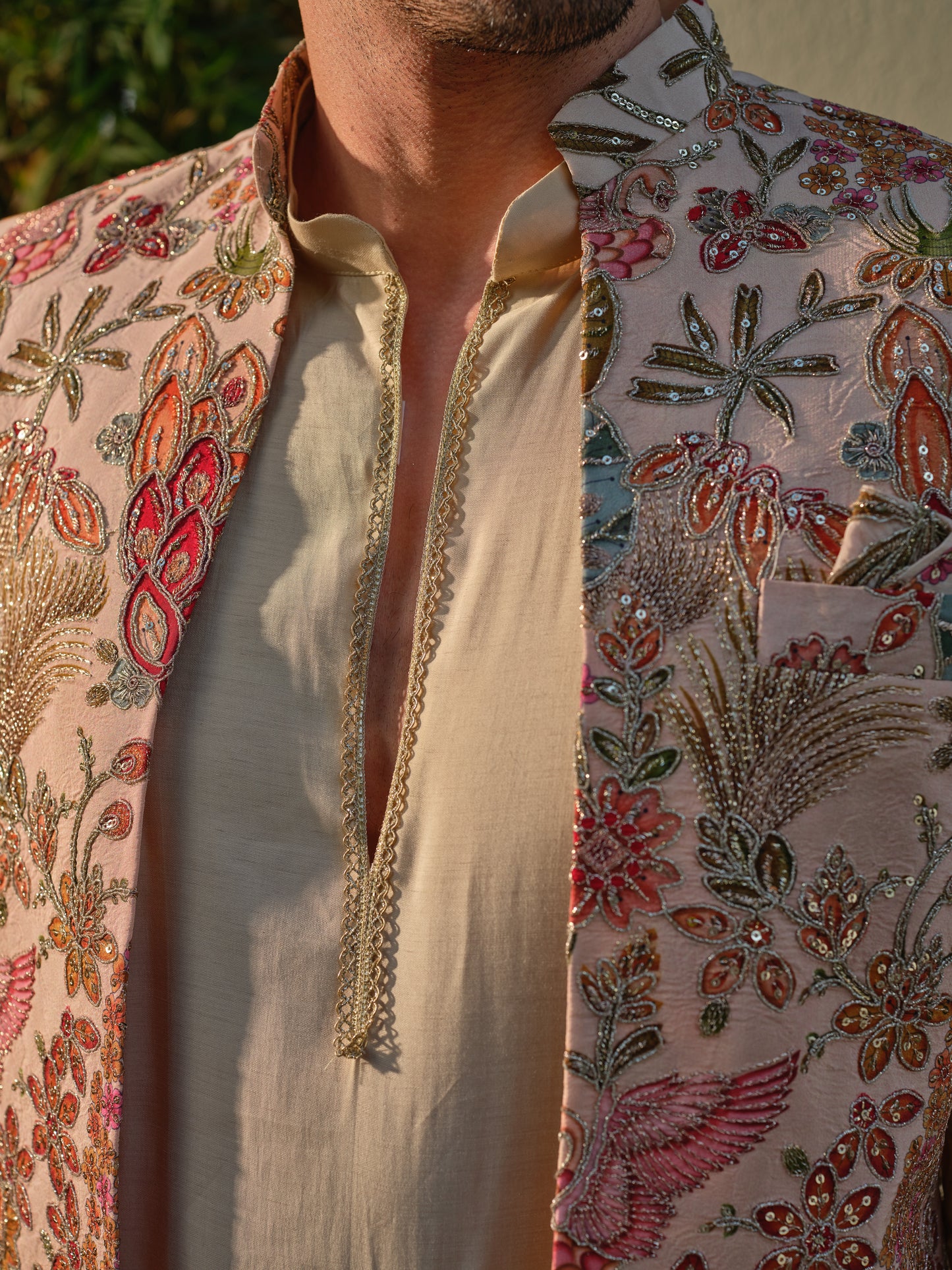 Offwhite Jacket-Kurta-Bottom Set with Dola Silk Position Print & Cording Embroidery