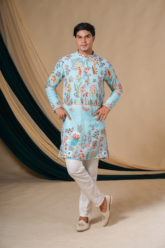 Sky Blue Georgette With Multicolour Threadwork Kurta Set