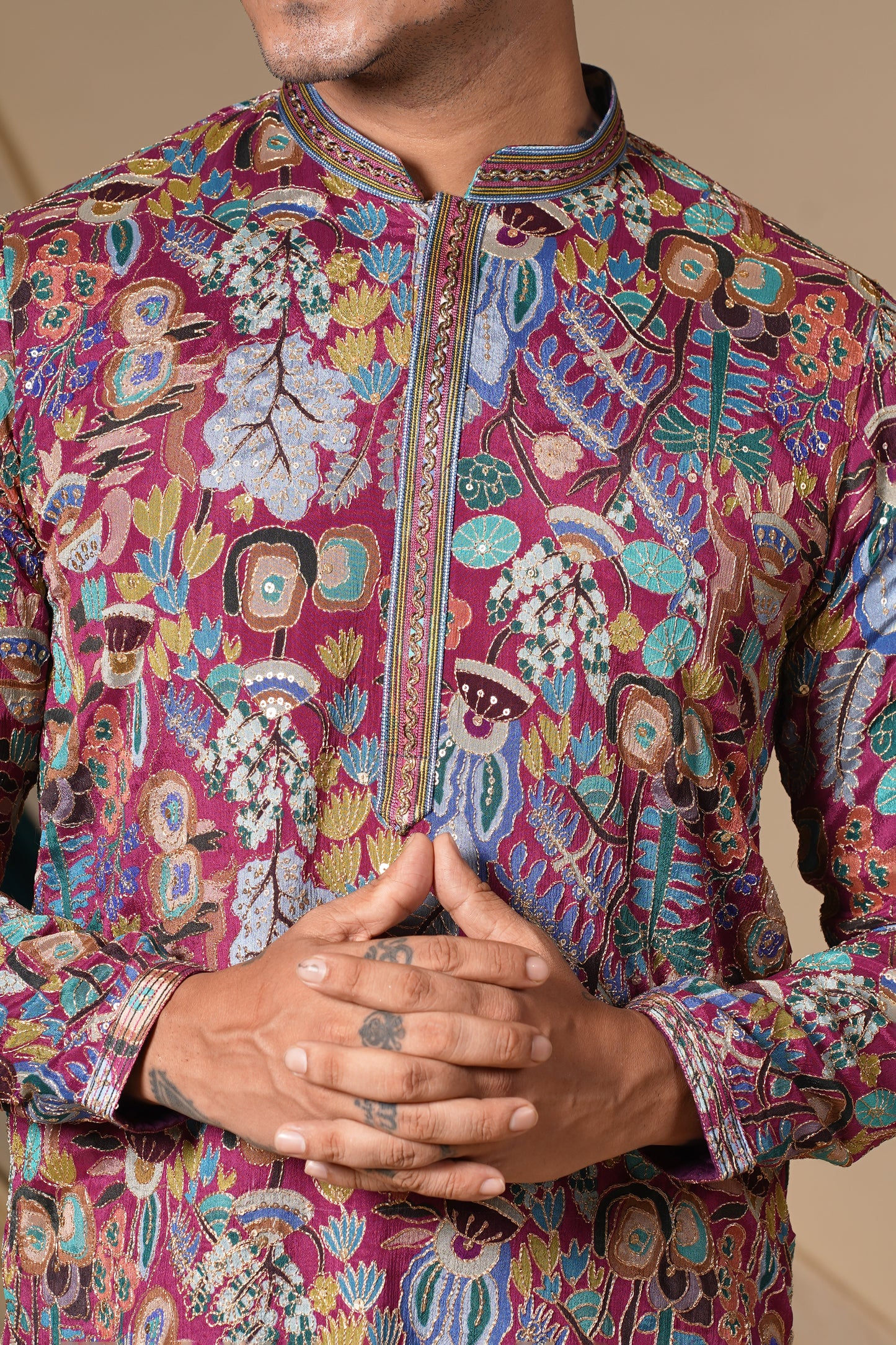 Rama Blue Georgette and Pink Floral Print Kurta Set