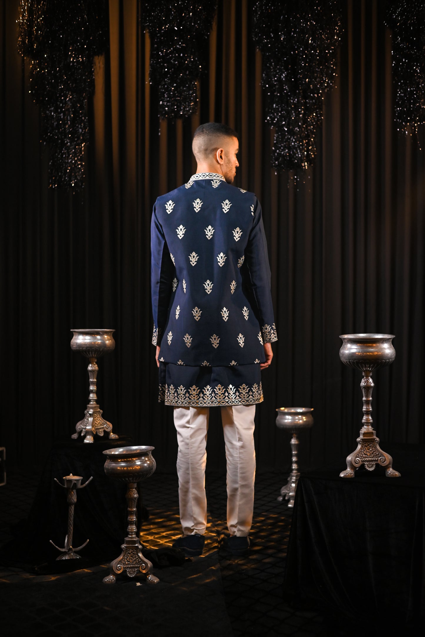Festive Embroidery Navy Blue silk Kurta Set with Jacket