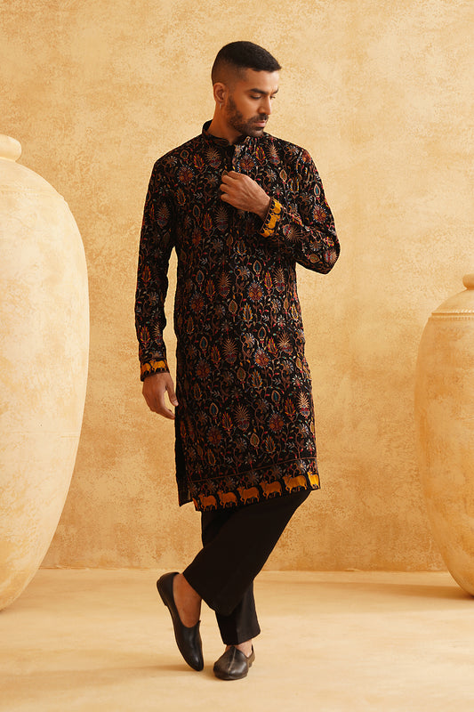 Black Multicolour Threadwork Embroidery Kurta set