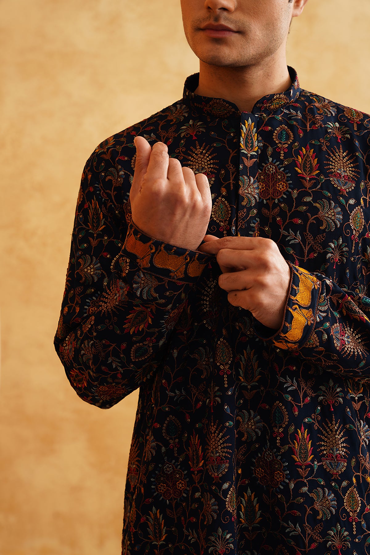 Rama and Black Multicolor Thread Work Embroidery Kurta Set