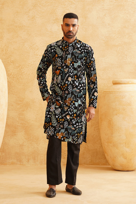 Black Georgette Multicolour Threadwork Embroidery Kurta Set