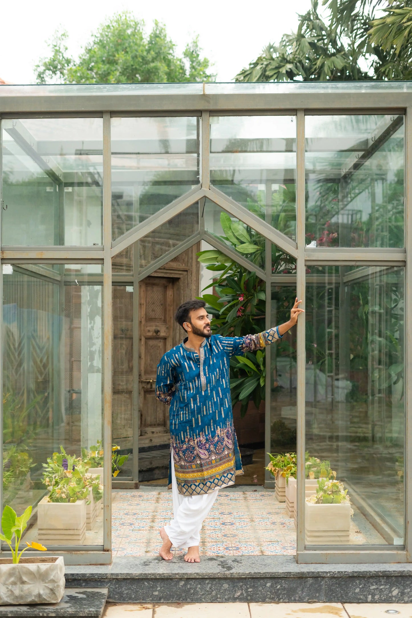 Men's Blue Dola Silk Jacquard Position Print Kurta Set