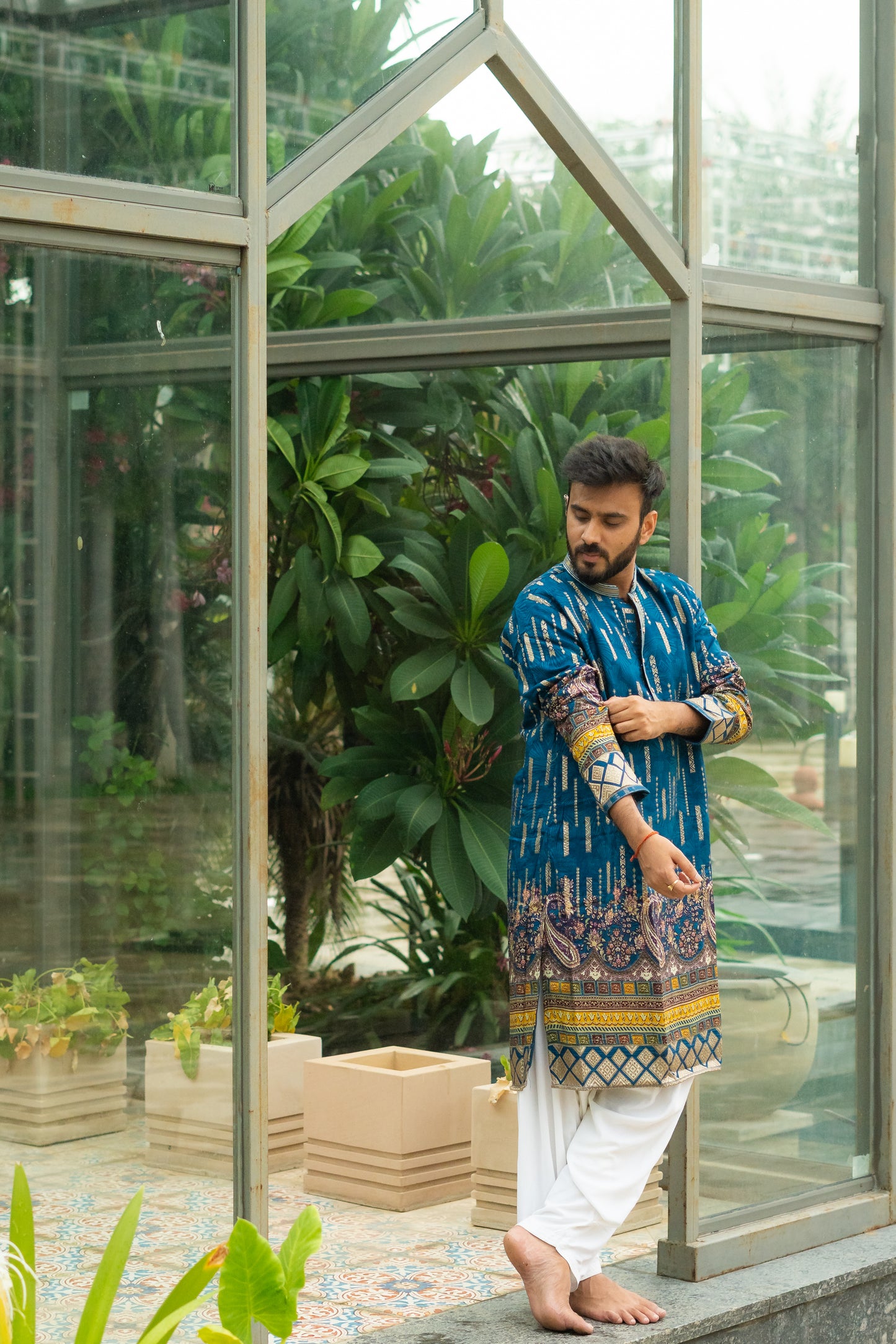 Men's Blue Dola Silk Jacquard Position Print Kurta Set