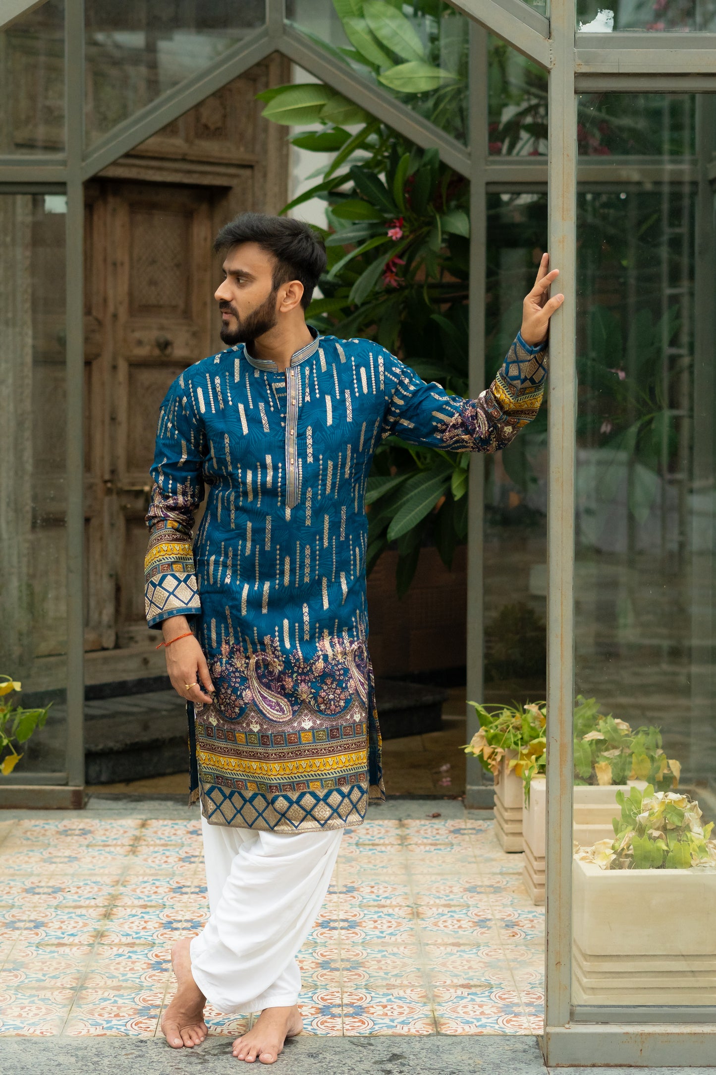 Men's Blue Dola Silk Jacquard Position Print Kurta Set