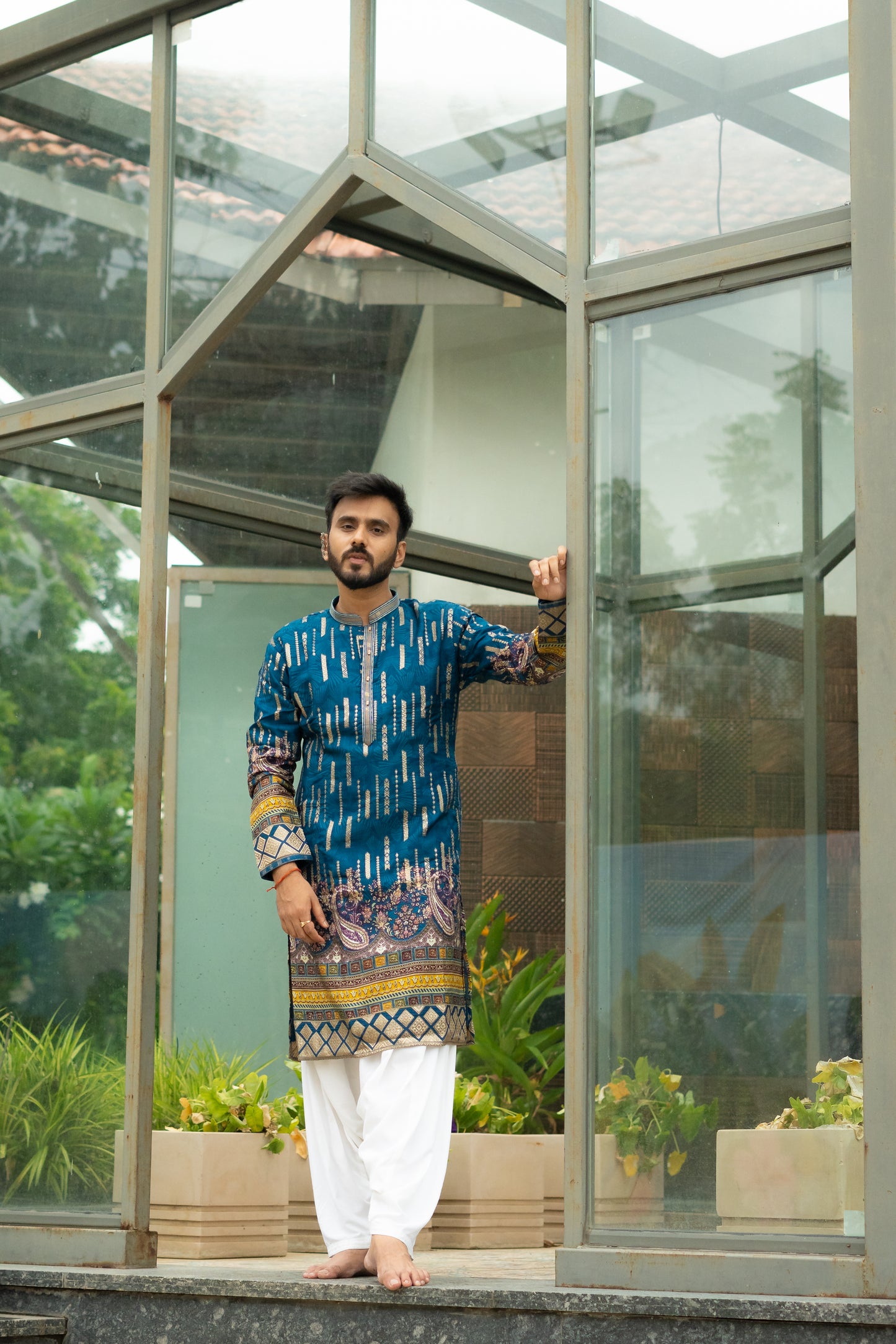 Men's Blue Dola Silk Jacquard Position Print Kurta Set