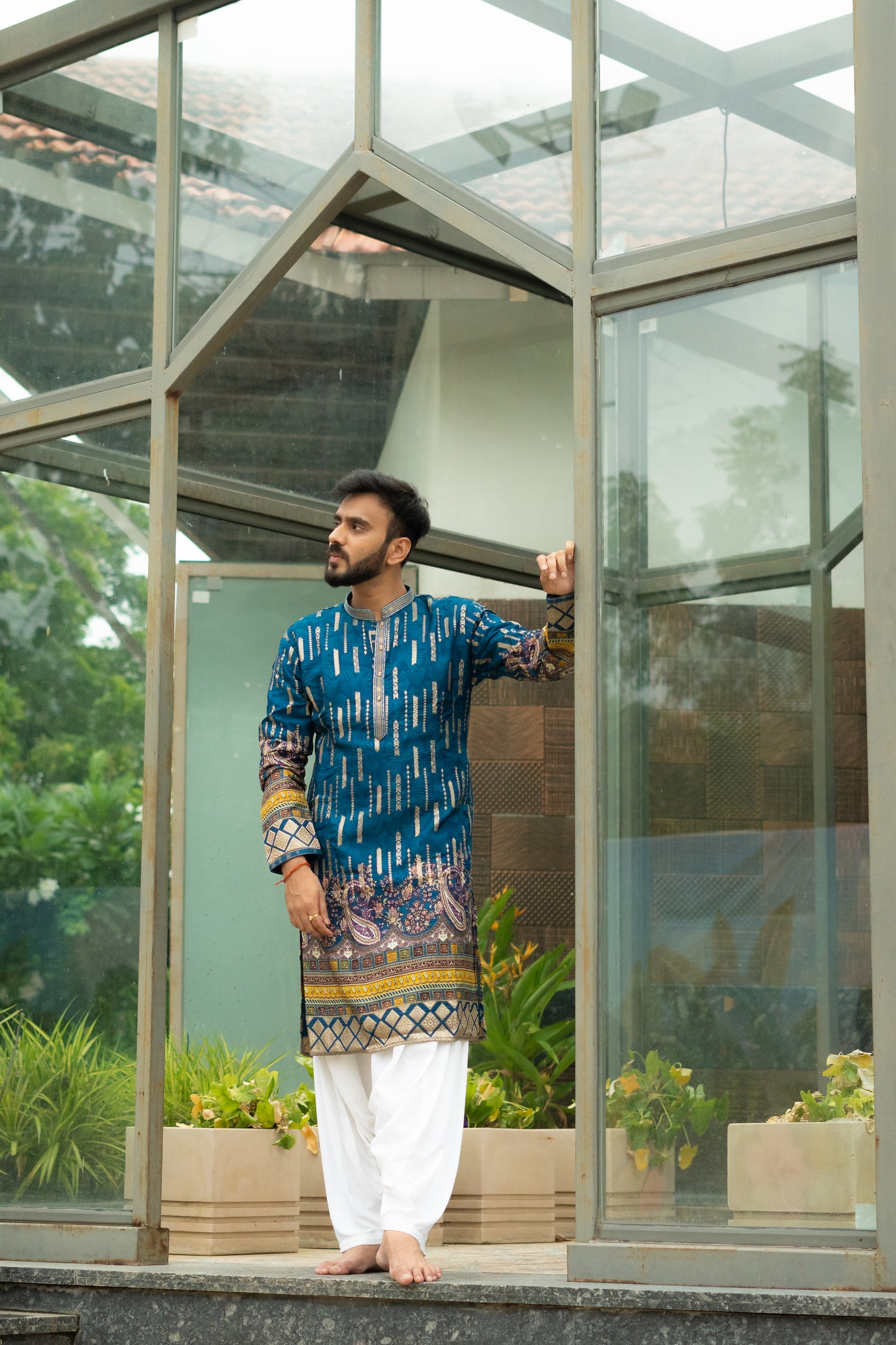 Men's Blue Dola Silk Jacquard Position Print Kurta Set