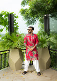 Men's Magenta Pink Silk Kurta Set with Silver Zari Embroidery