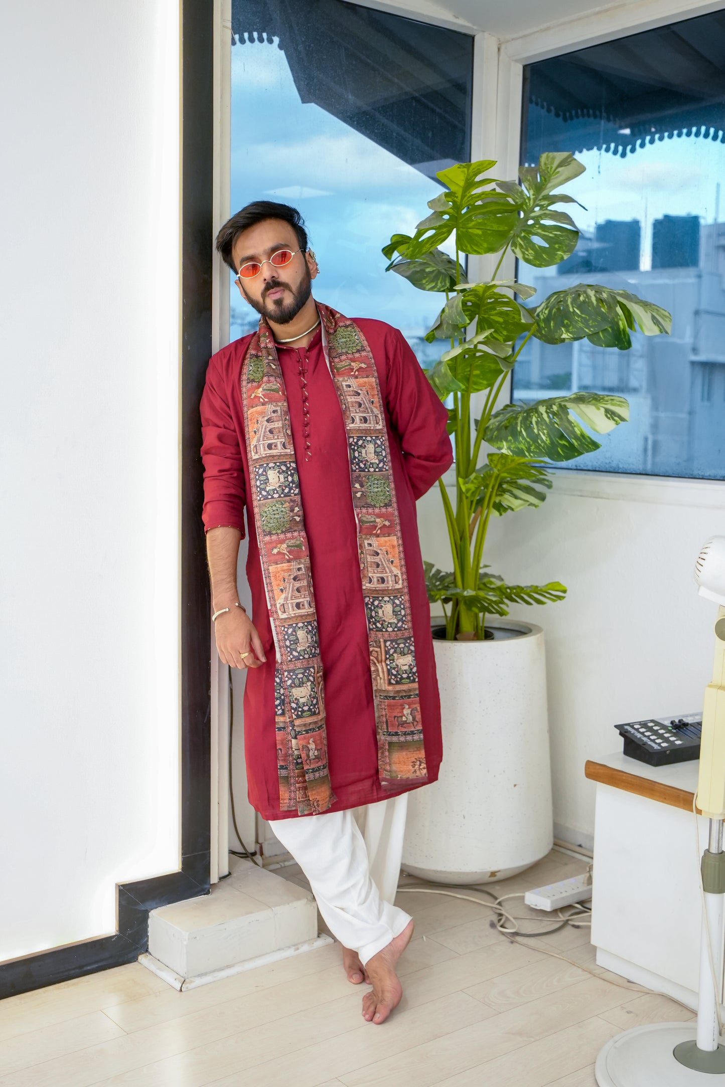 Men’s Maroon Sigma Silk Kurta Set with Digital Print Dupatta