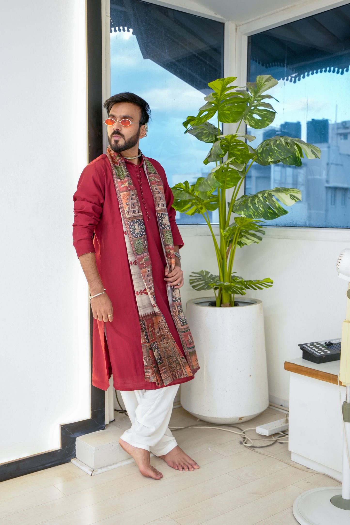 Men’s Maroon Sigma Silk Kurta Set with Digital Print Dupatta