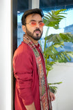 Men’s Maroon Sigma Silk Kurta Set with Digital Print Dupatta