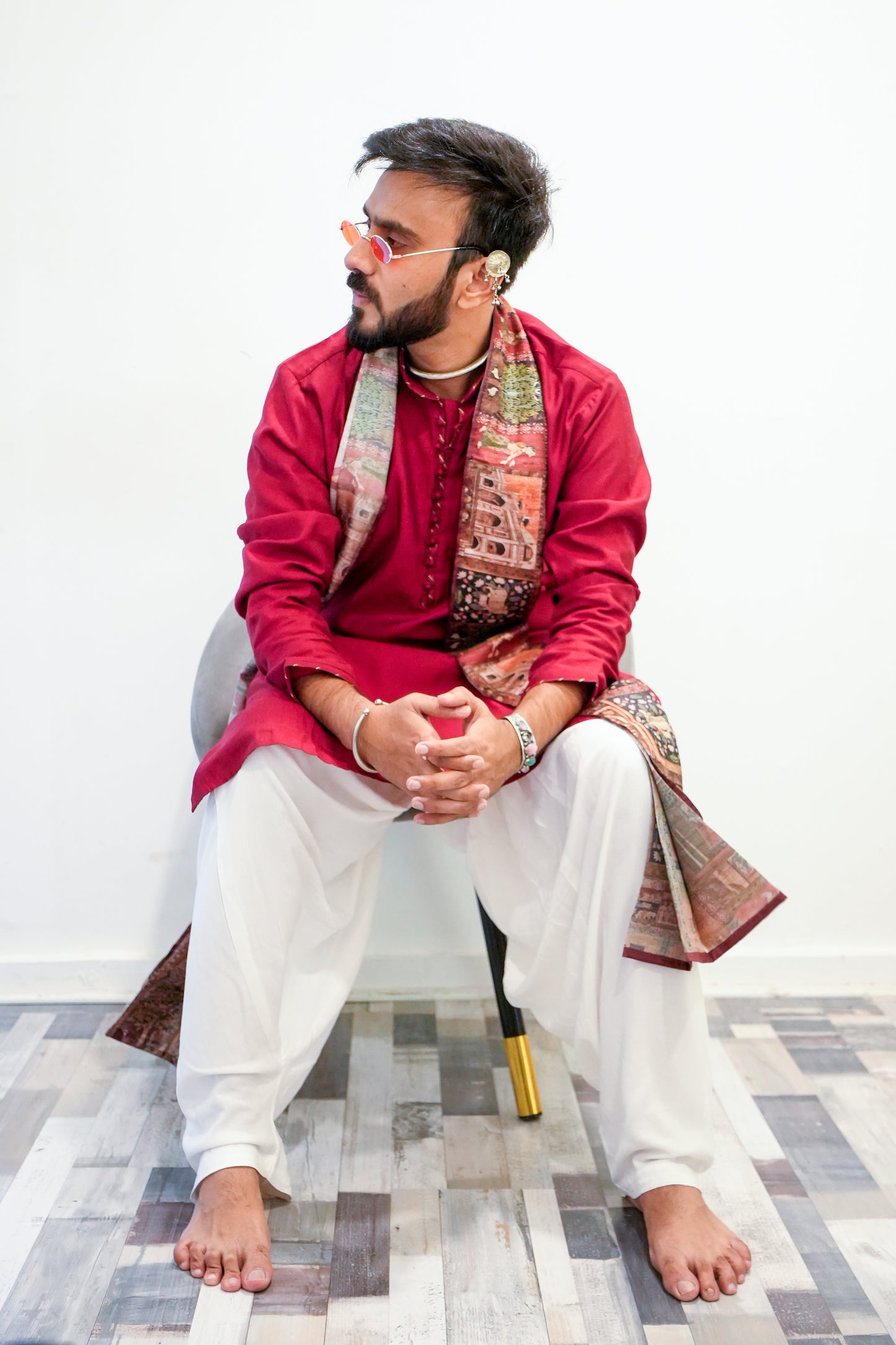 Men’s Maroon Sigma Silk Kurta Set with Digital Print Dupatta
