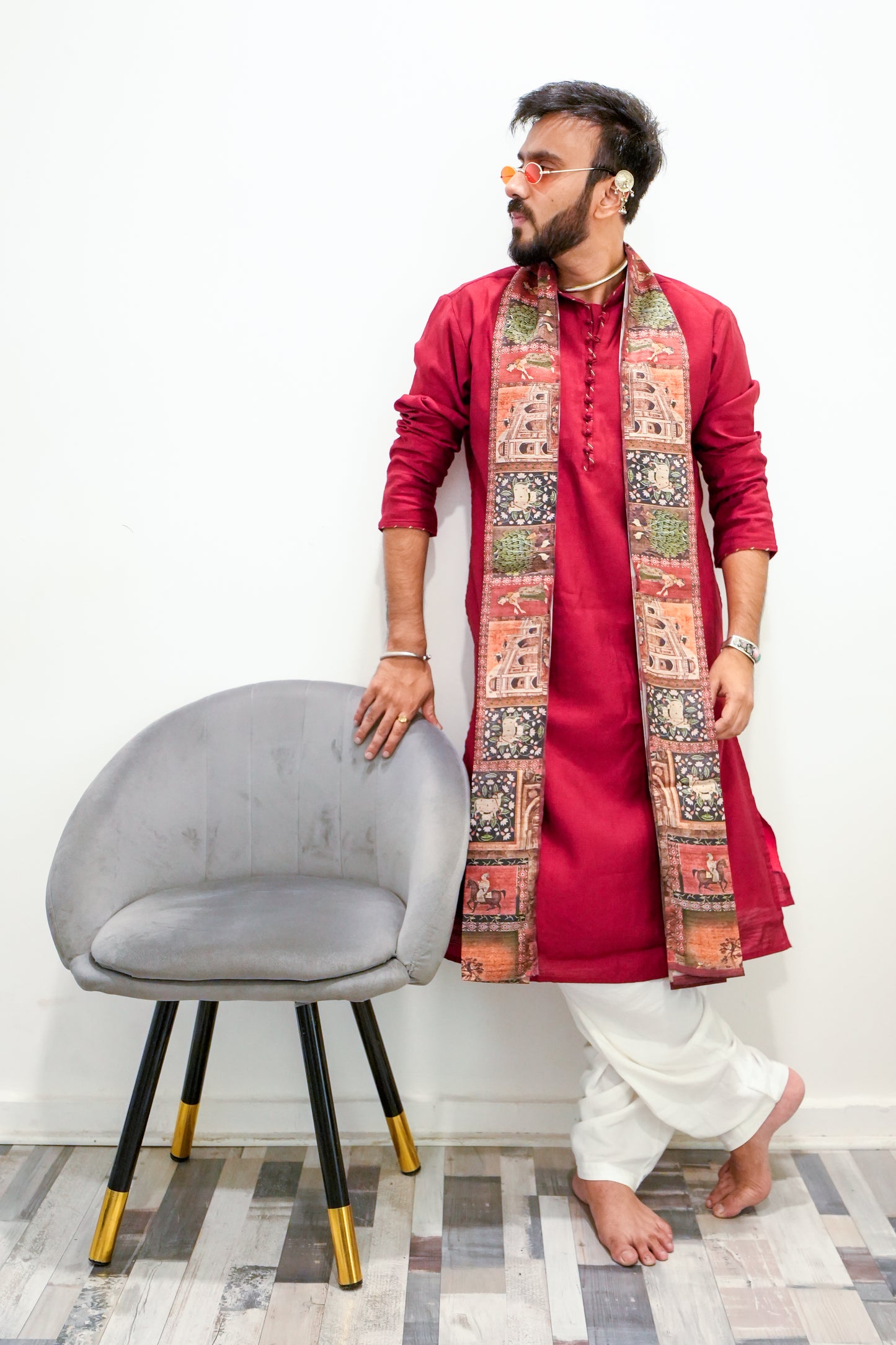 Men’s Maroon Sigma Silk Kurta Set with Digital Print Dupatta
