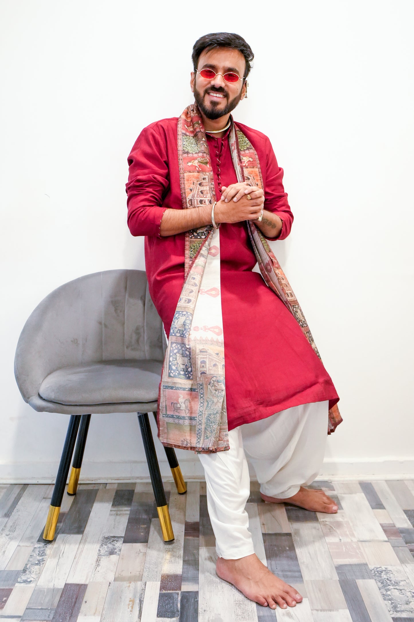 Men’s Maroon Sigma Silk Kurta Set with Digital Print Dupatta