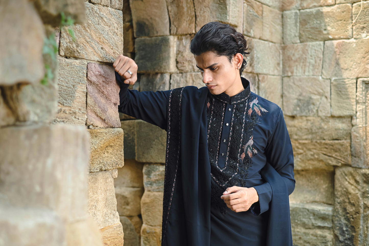 Dark Blue Kurta Set with Thread Work & Dupatta