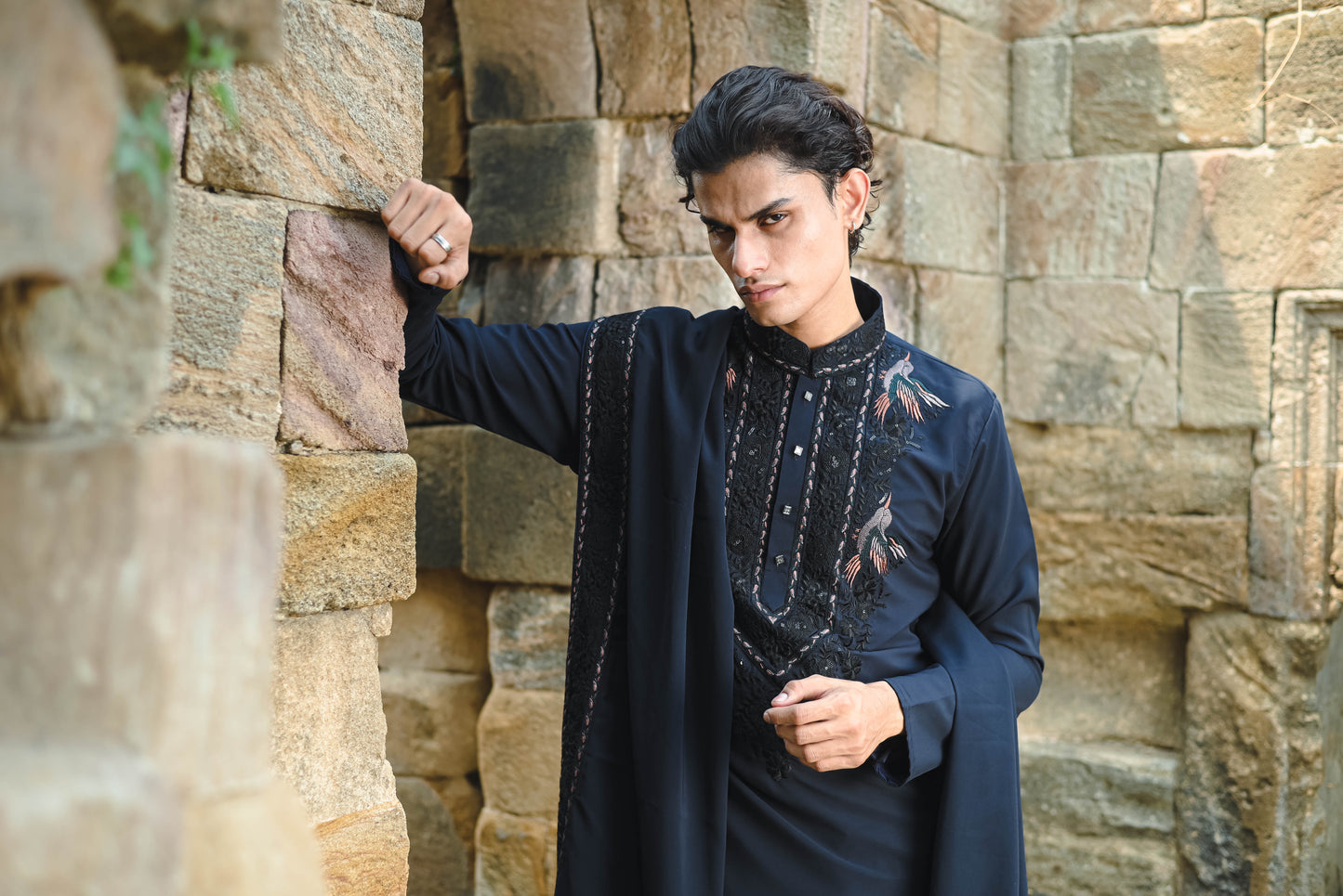 Dark Blue Kurta Set with Thread Work & Dupatta