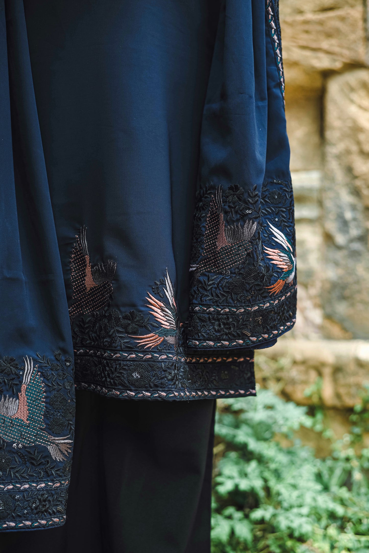 Dark Blue Kurta Set with Thread Work & Dupatta