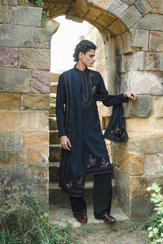 Dark Blue Kurta Set with Thread Work & Dupatta