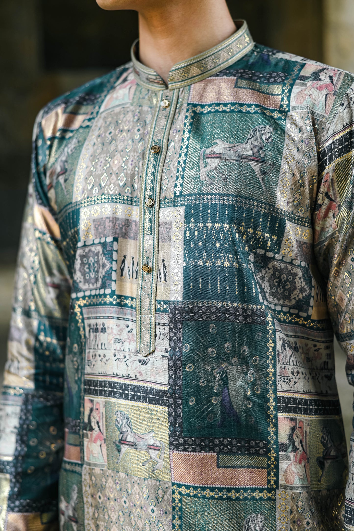 Peacock Green Silk Kurta with Foil Work