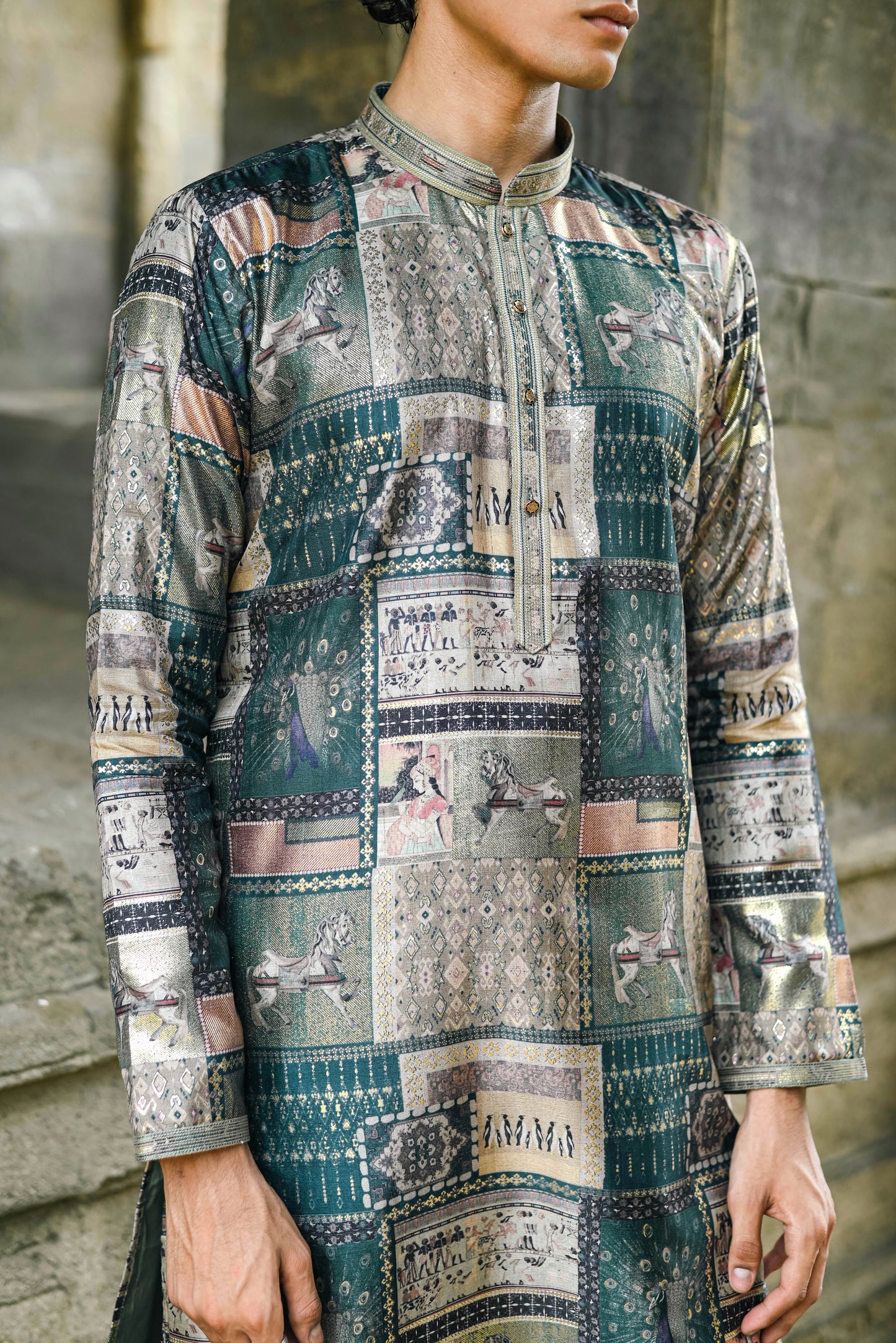Peacock Green Silk Kurta with Foil Work