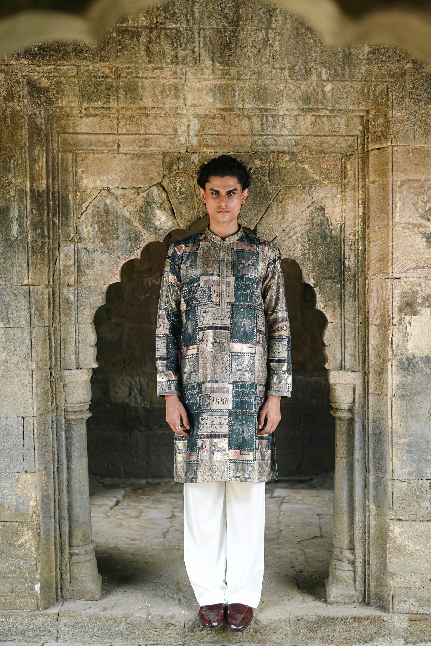 Peacock Green Silk Kurta with Foil Work