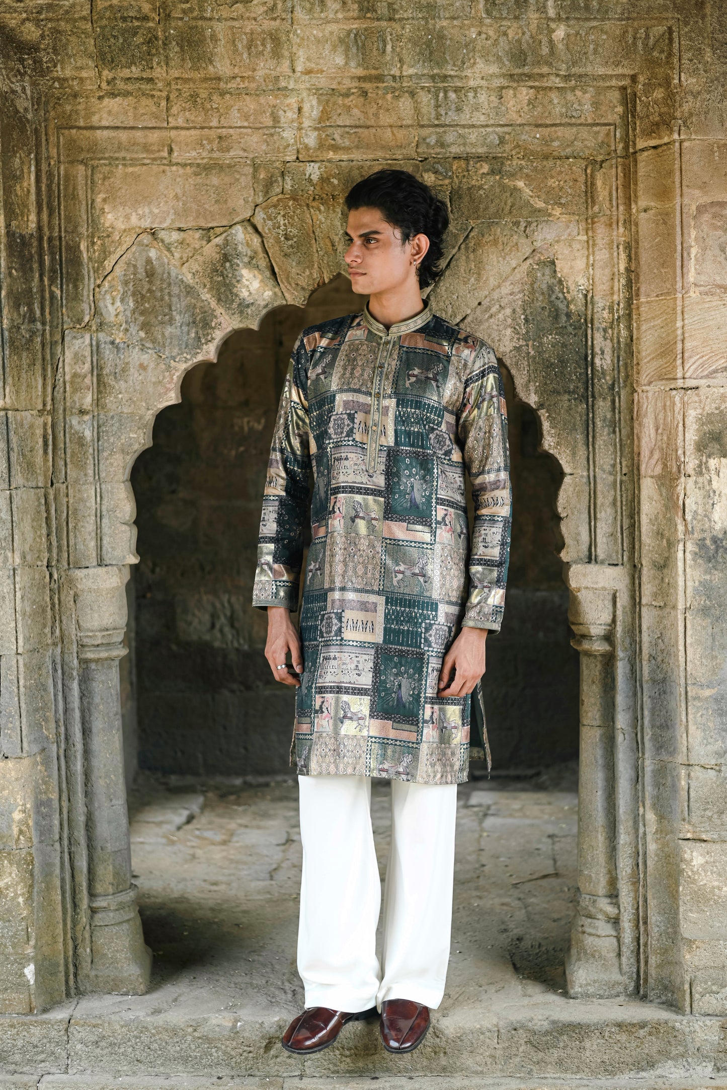 Peacock Green Silk Kurta with Foil Work