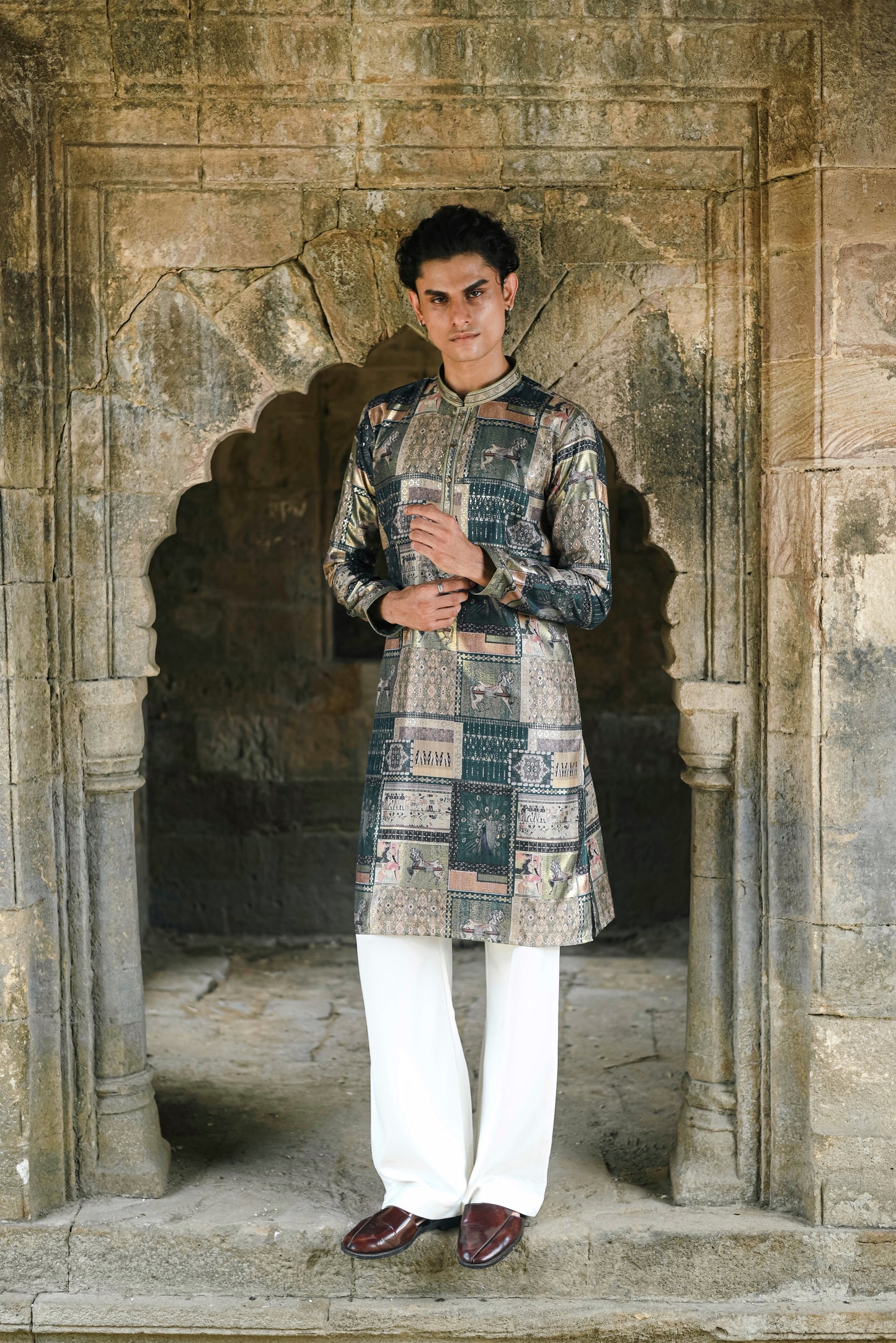 Peacock Green Silk Kurta with Foil Work