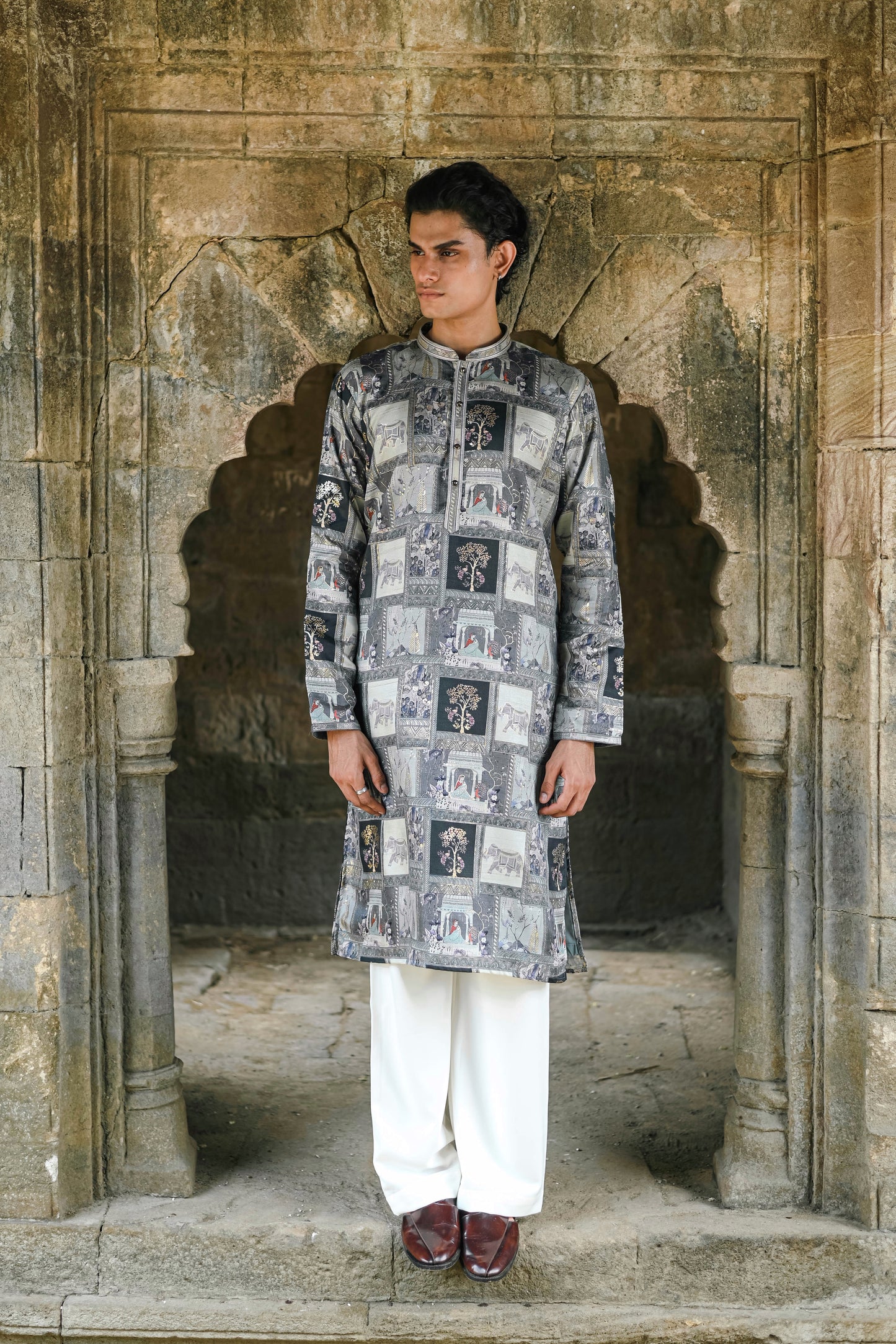 Grey Silk Kurta with Digital Print and Subtle Foil Work
