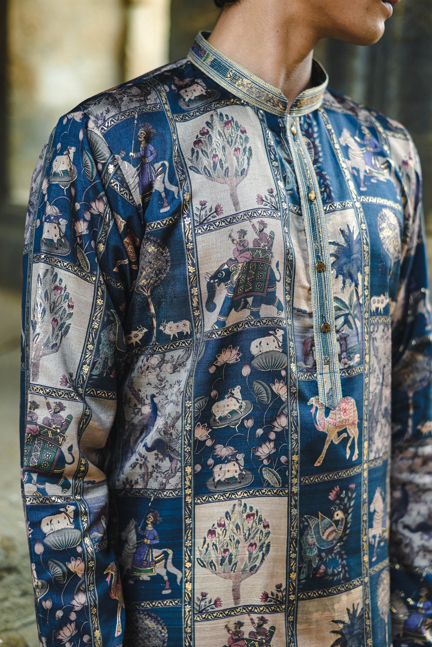 Rama Silk Kurta with Digital Print and Foil Work Detailing