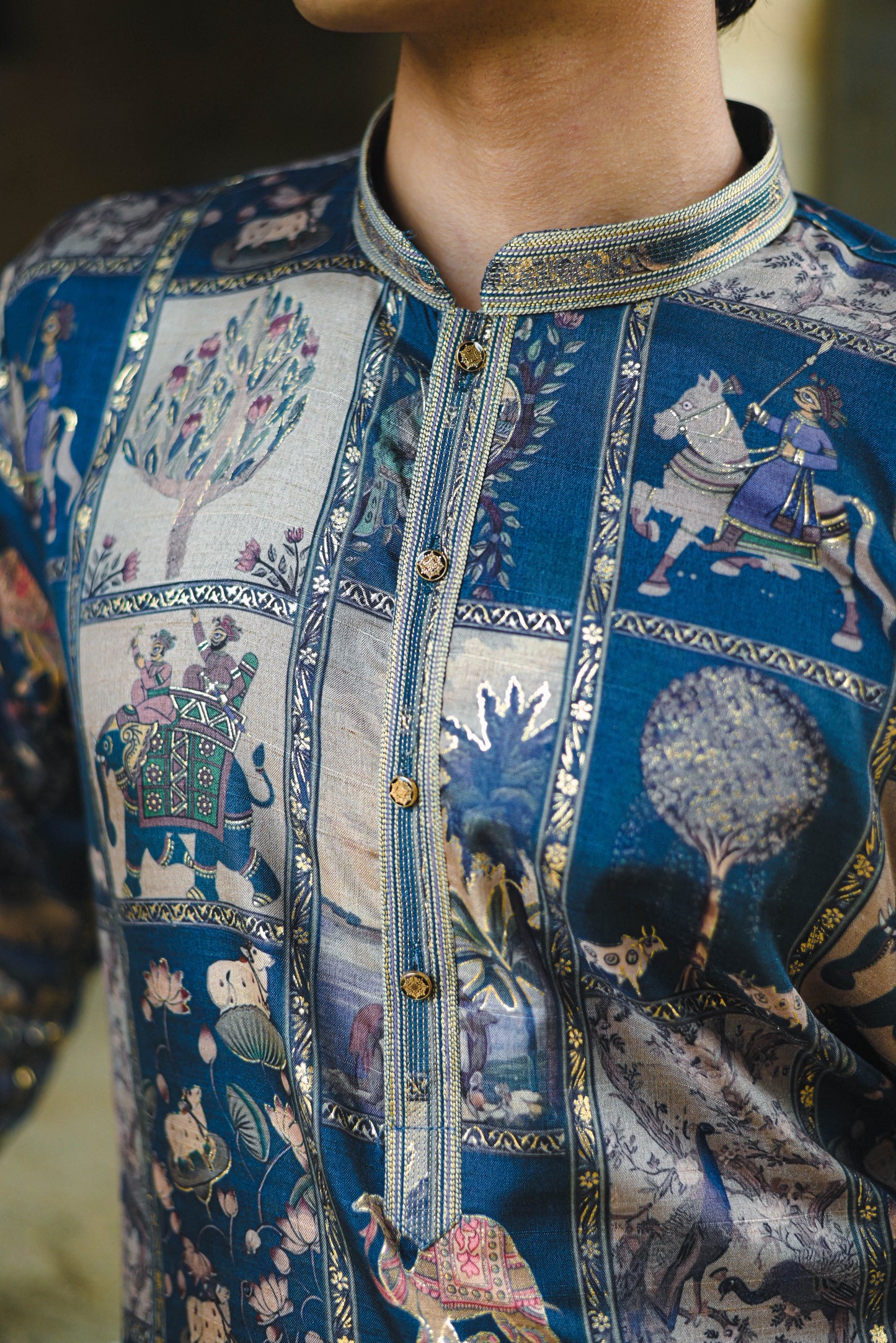 Rama Silk Kurta with Digital Print and Foil Work Detailing