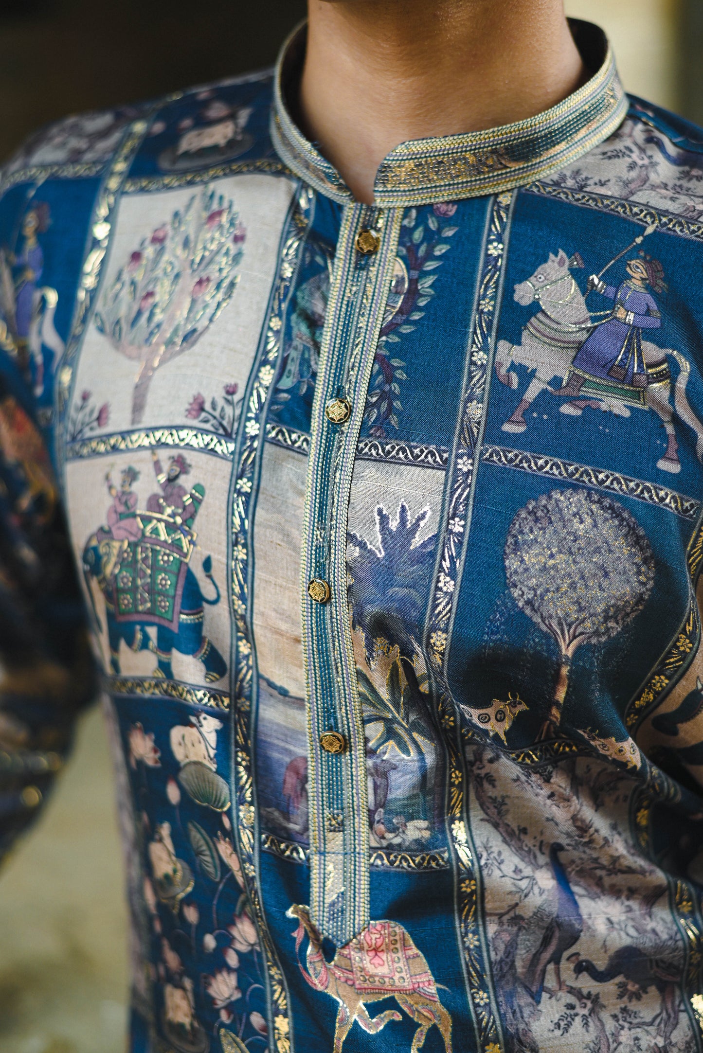 Rama Silk Kurta with Digital Print and Foil Work Detailing