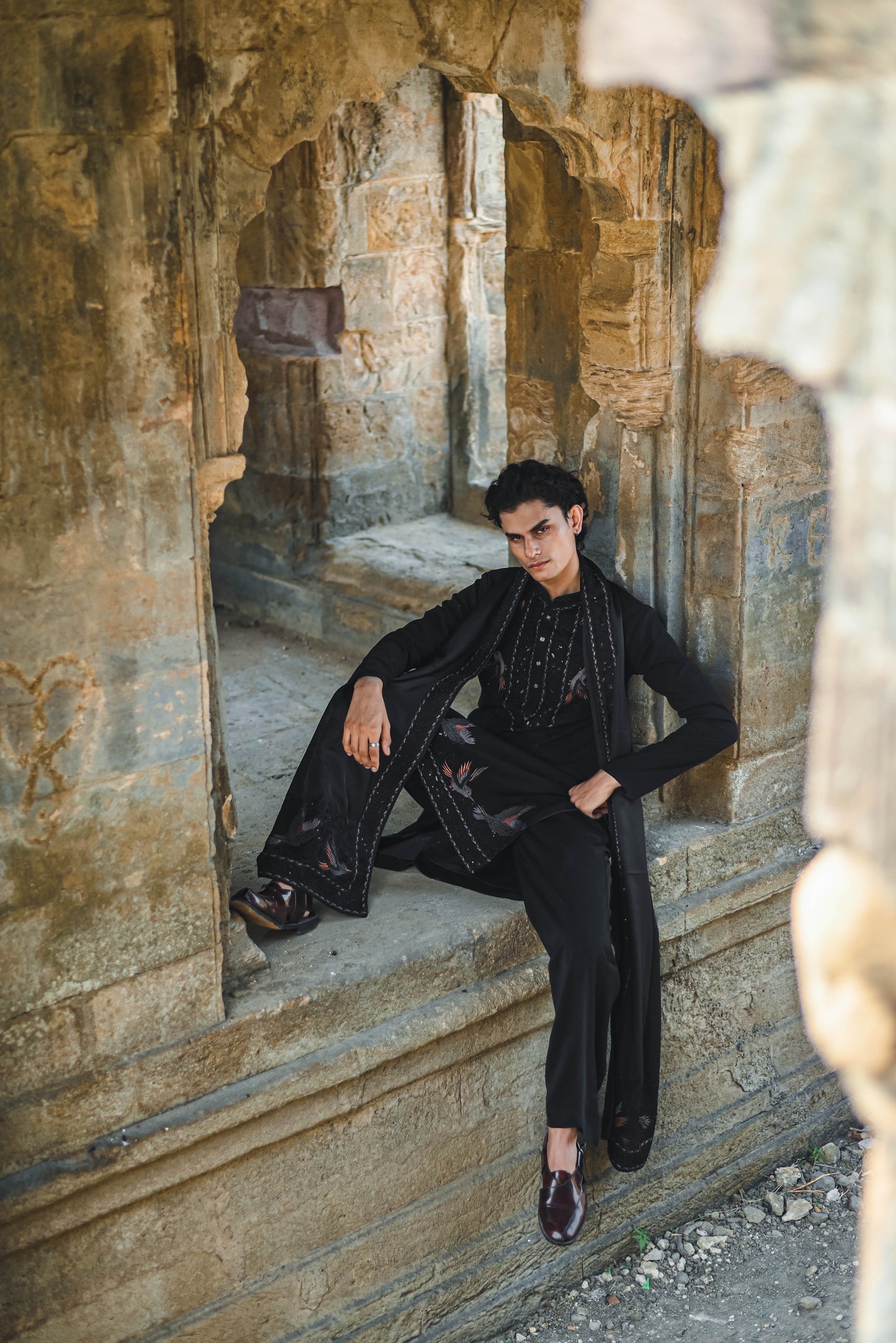 Black Kurta Set with Elegant Thread Work Embroidery and Dupatta