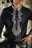 Black Satin Silk Kurta with Foil & Thread Embroidery for Festive Flair