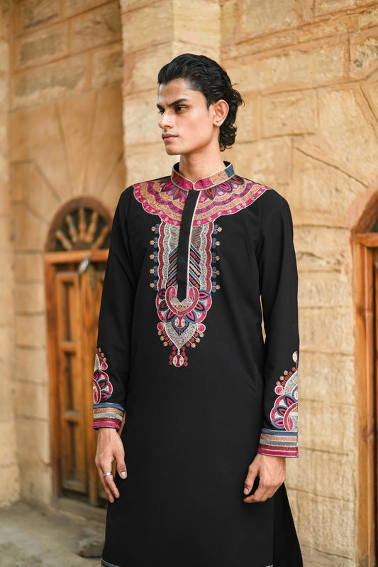 Black V-Neck Kurta with Intricate Thread Work Embroidery
