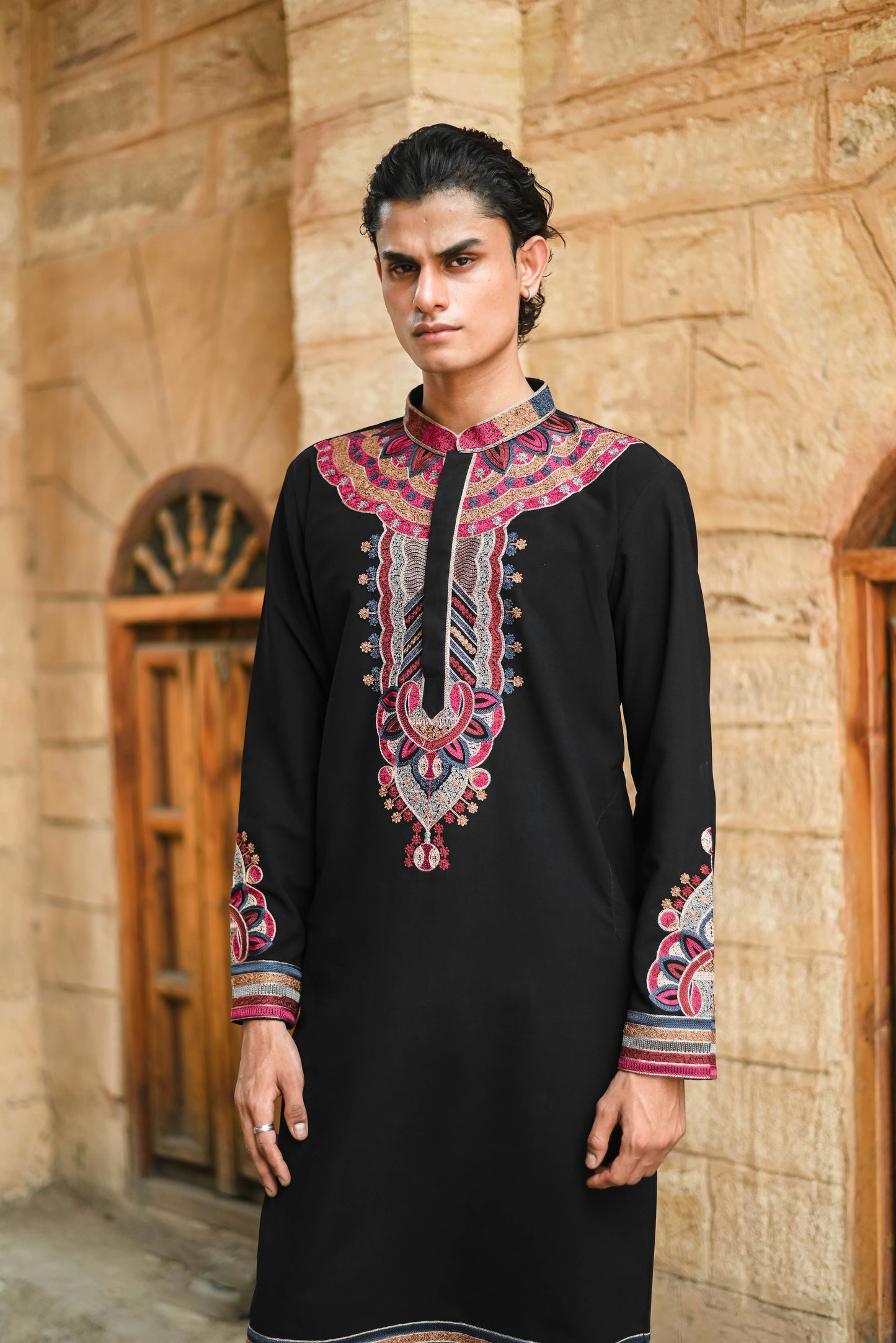Black V-Neck Kurta with Intricate Thread Work Embroidery