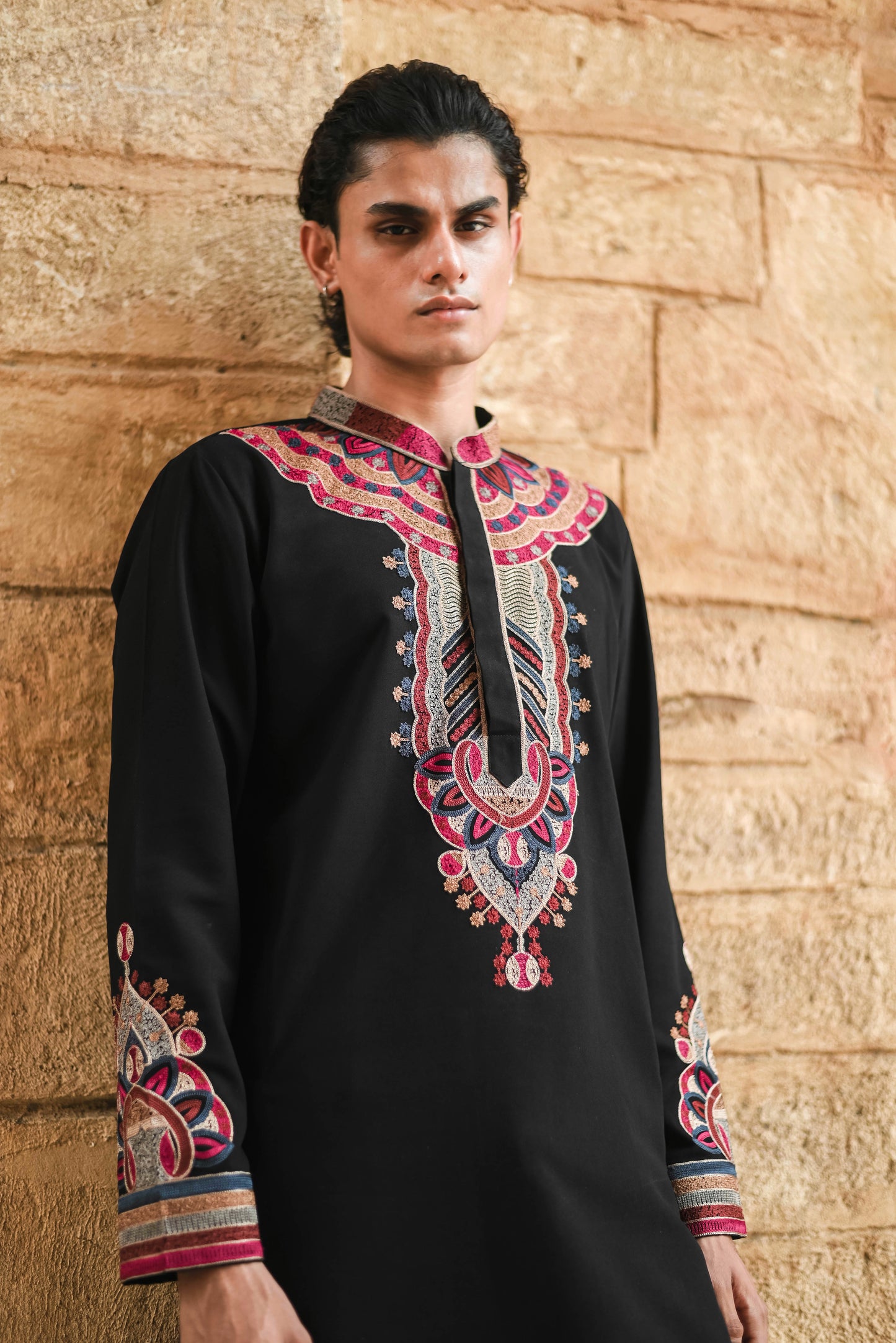Black V-Neck Kurta with Intricate Thread Work Embroidery