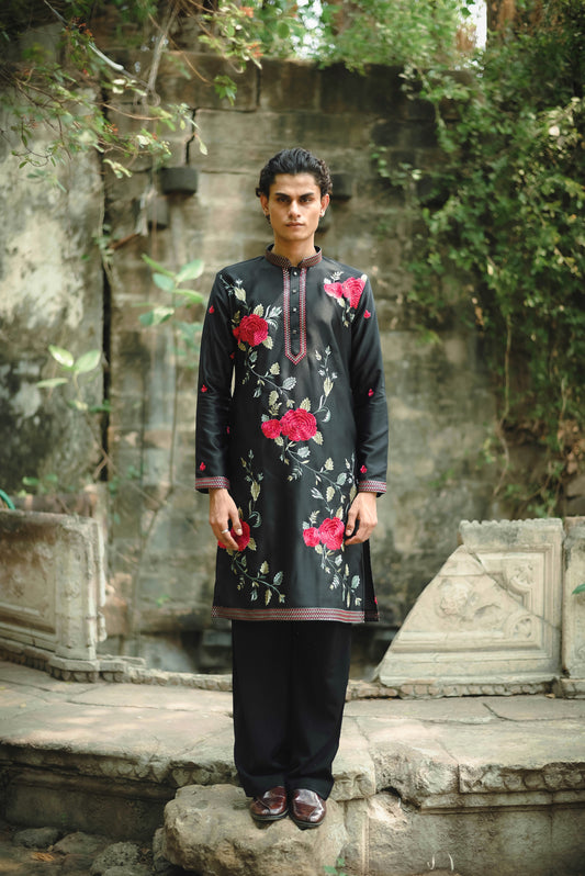 Black Satin Silk Kurta with Elegant Floral Embroidery