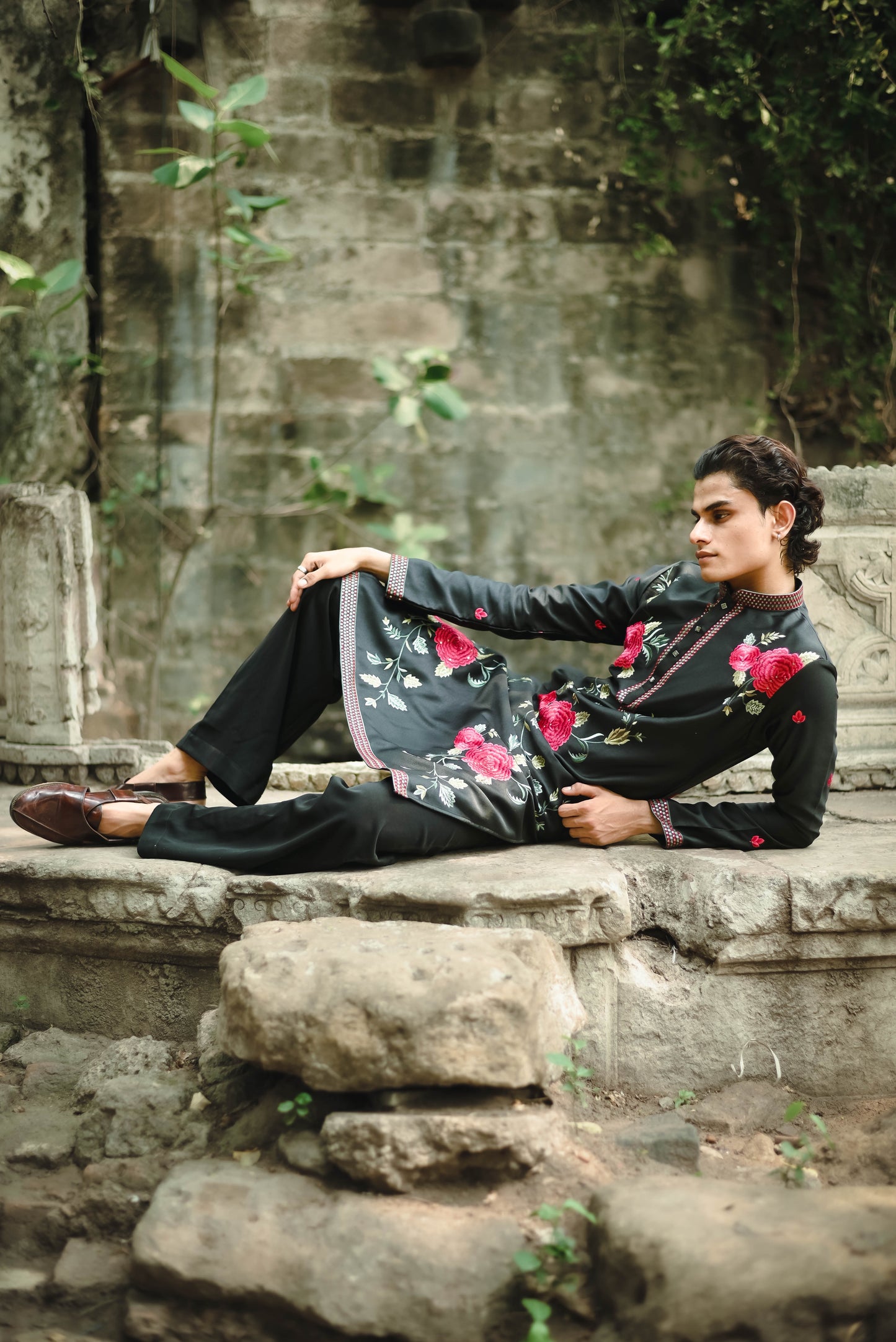 Black Satin Silk Kurta with Elegant Floral Embroidery