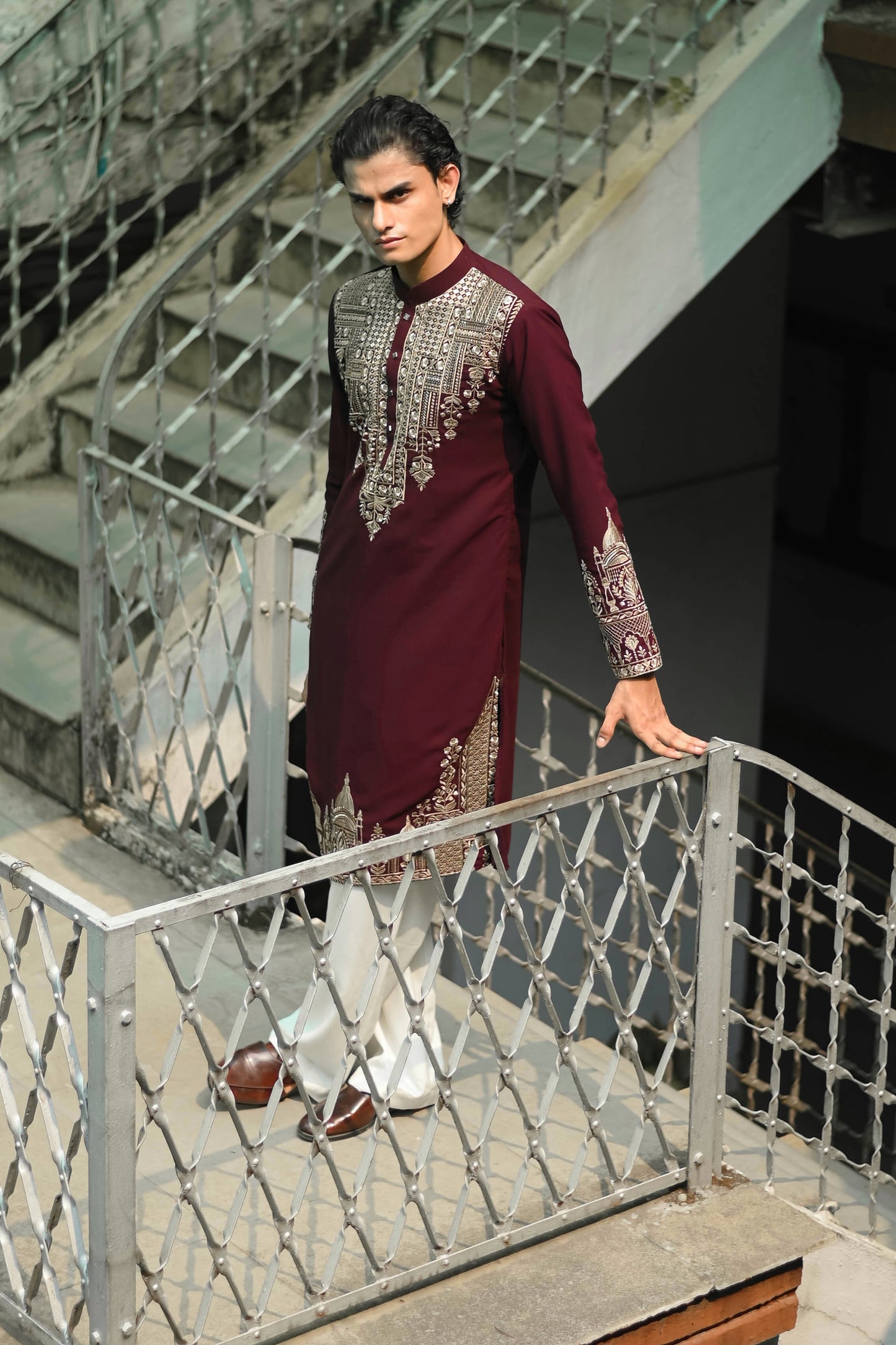 Maroon Zari Embroidered Kurta Set for Festive Occasions