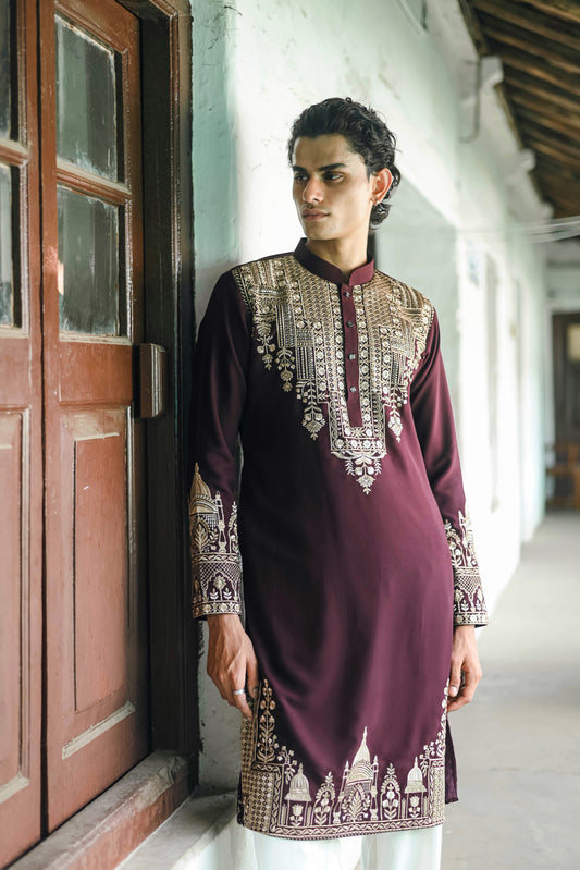 Maroon Zari Embroidered Kurta Set for Festive Occasions