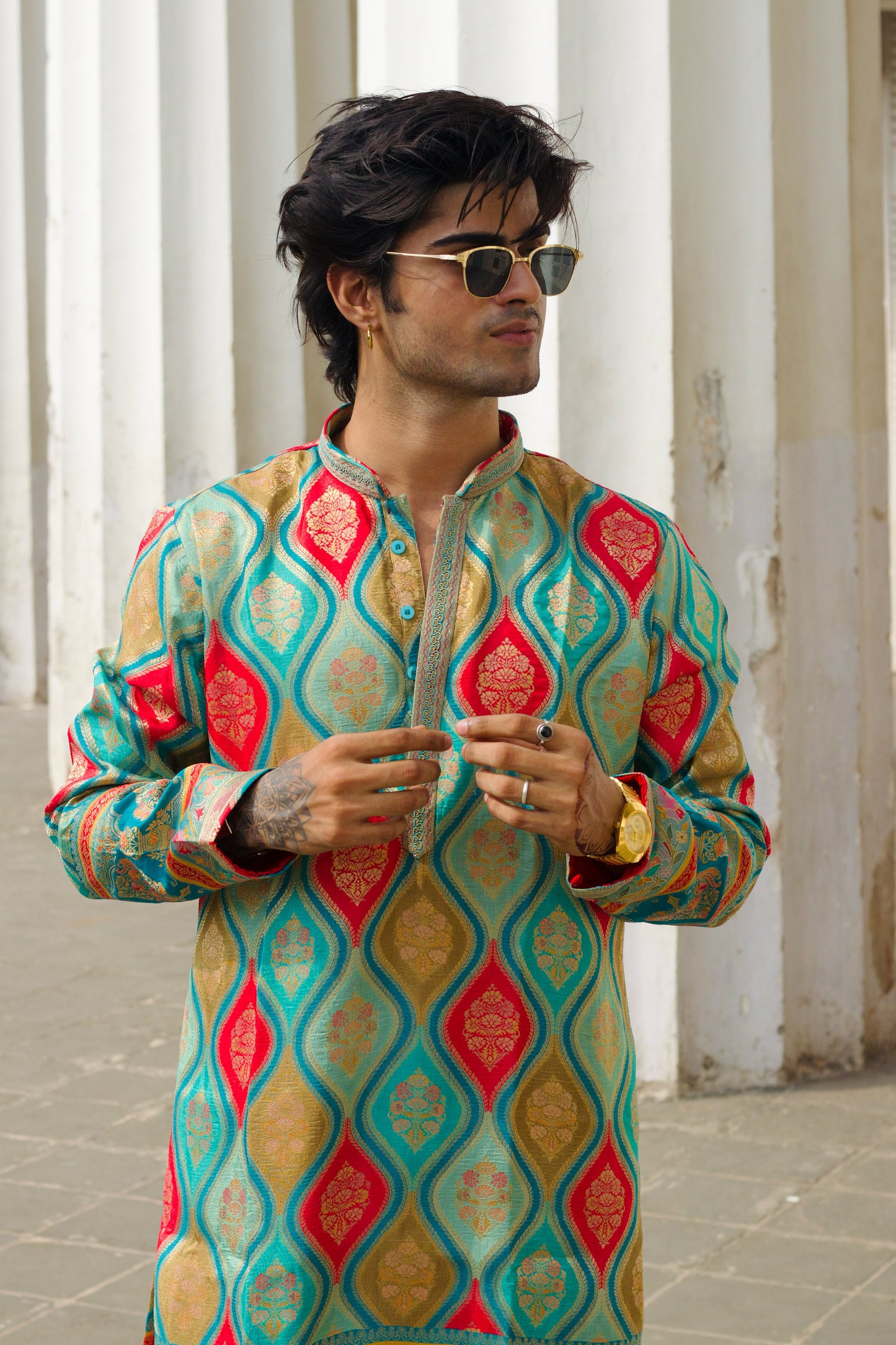 Men's Aqua Blue Jacquard Kurta Set with Position Print