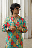 Men's Aqua Blue Jacquard Kurta Set with Position Print