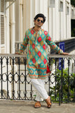 Men's Aqua Blue Jacquard Kurta Set with Position Print