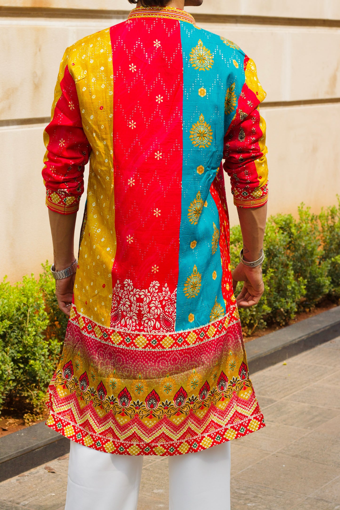 Men's Pink & Mustard Dola Silk Kurta Set with Bandhani Print