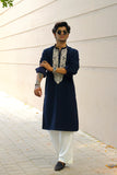 Men's Midnight Blue Kurta Set with Sequins & Cording Embroidery