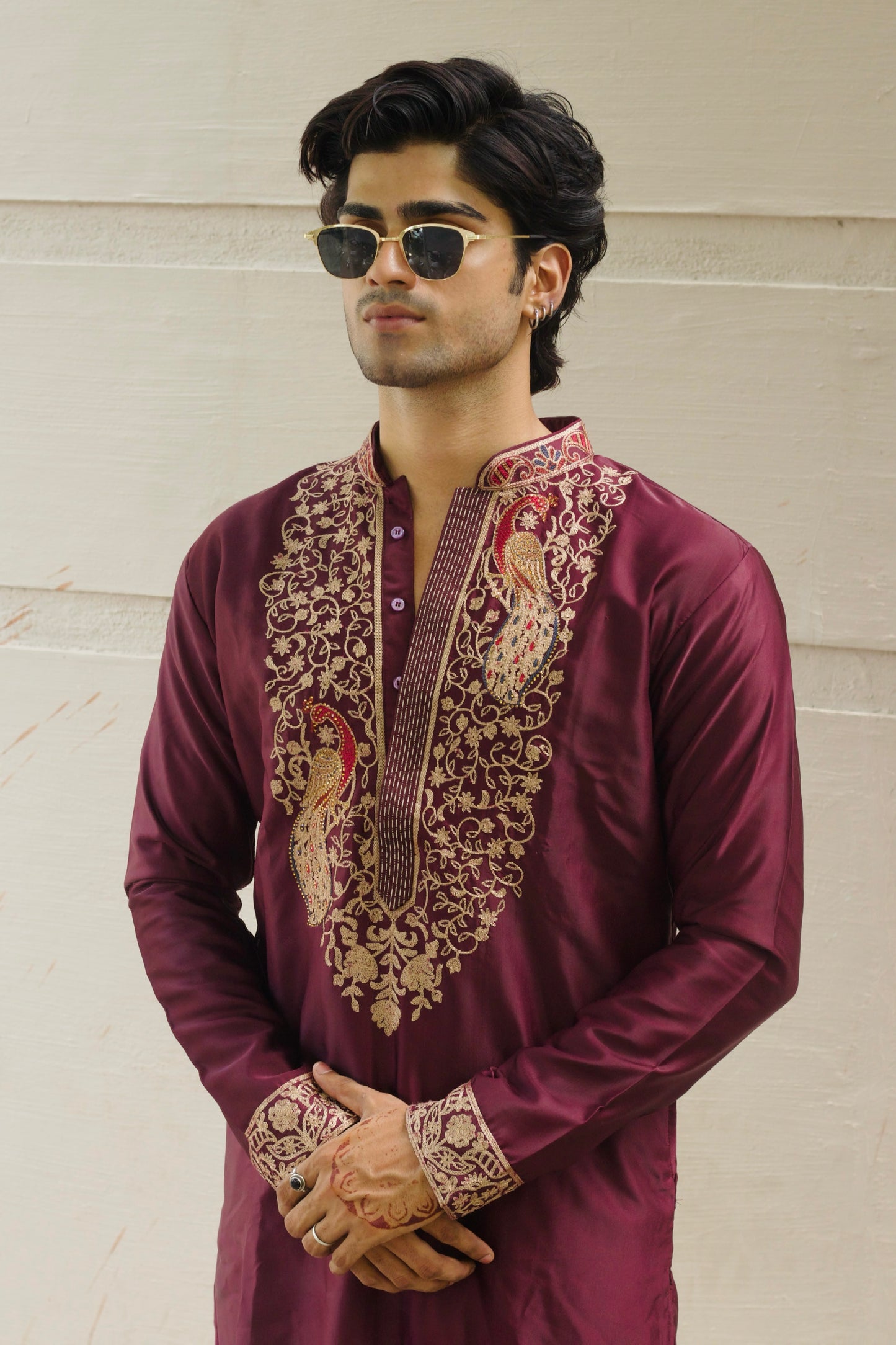 Men's Wine Satin Silk Kurta Set with Thread Work Embroidery