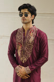 Men's Wine Satin Silk Kurta Set with Thread Work Embroidery