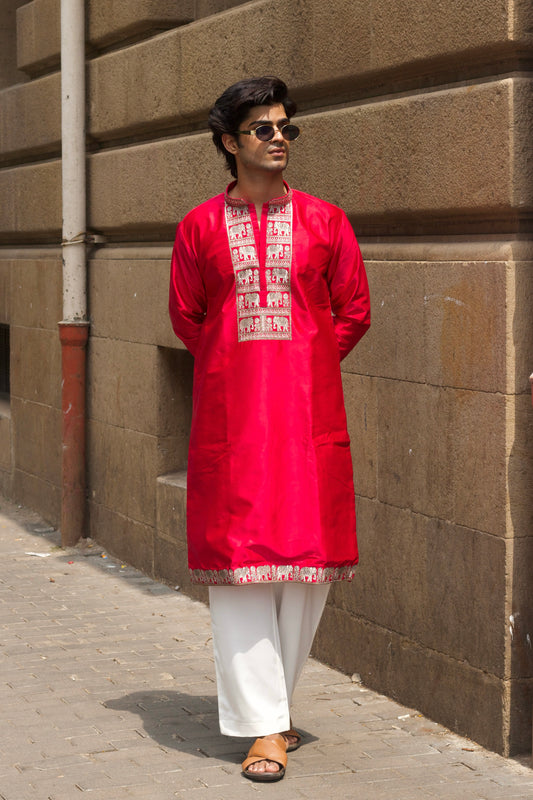 Men's Pink Satin Silk Kurta Set with Zari & Sequin Embroidery